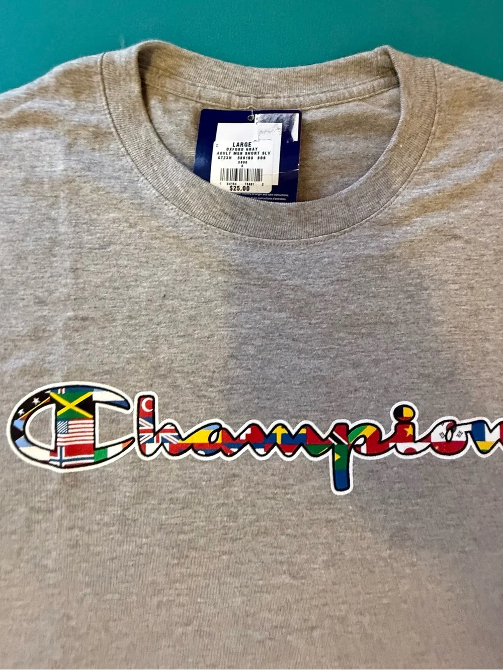 Champion Heather Gray Tee with Multicolor Logo - Picture 2 of 2
